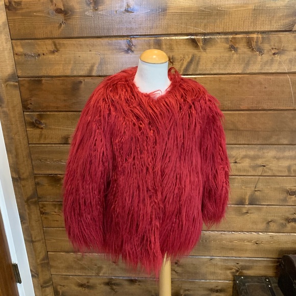 zara red faux fur jacket